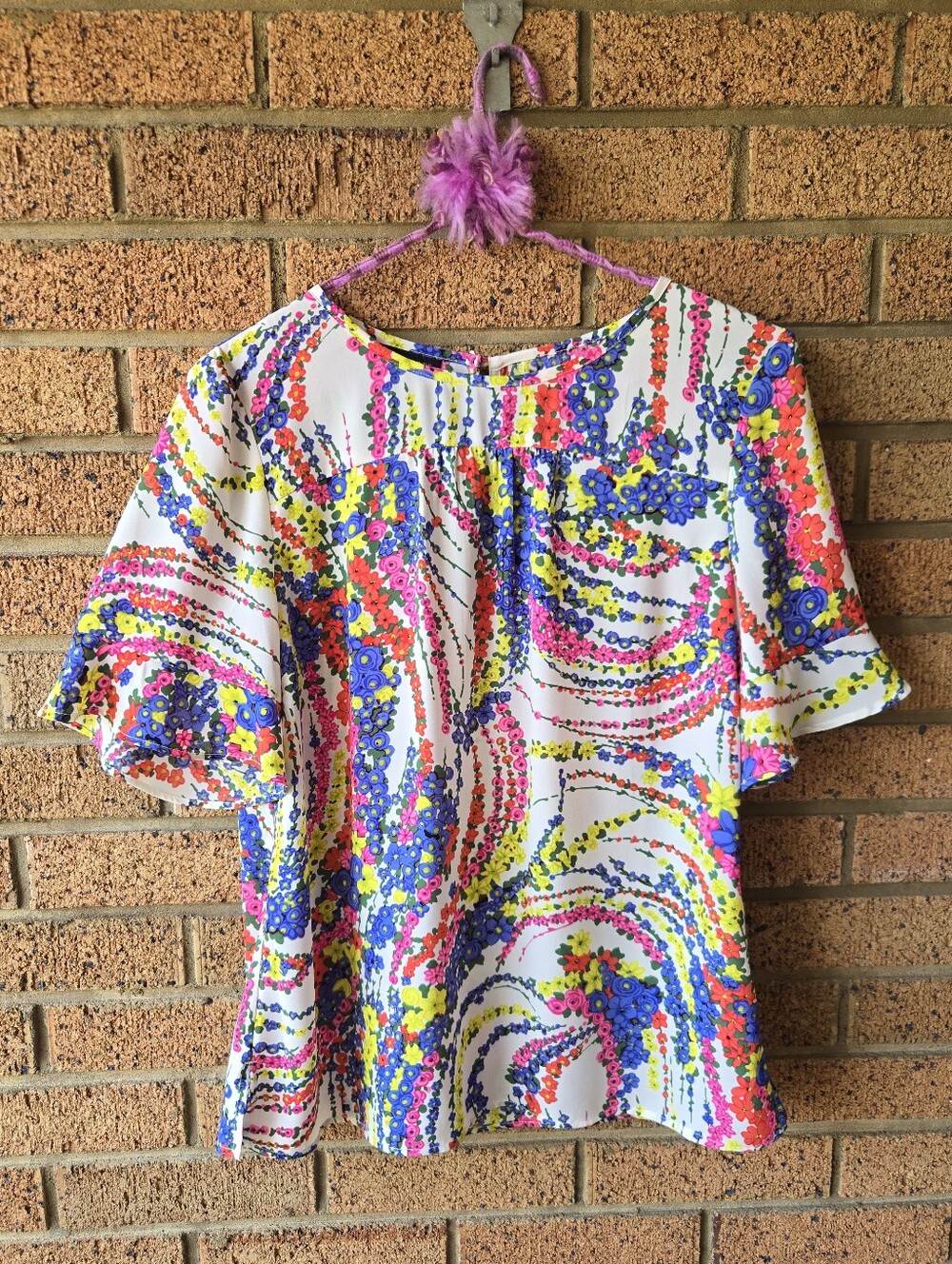 Talbots White Floral Cascade Top with Neon Accents